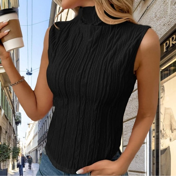 Black Crinkled- Texture Mock-Neck Top - Picture 10 of 10